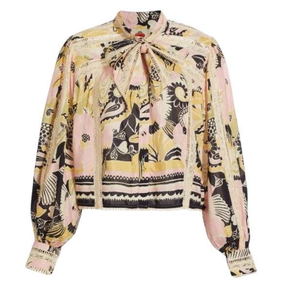 FARM RIO Vintage Forest Lace Trim Tie Neck Blouse M - Picture 1 of 12